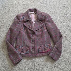 Ted Baker London Plaid Wool Blazer with Pink and Brown Accents Size 1